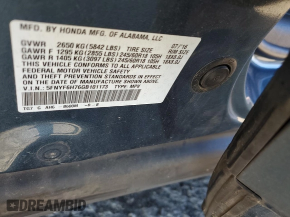 2016 Honda Pilot EX-L with VIN 5FNYF6H76GB101173, listed as a Copart auction lot 44966585 with 104,846 mi miles and Salvage Title. Bid and sale history available at carsss.com. Image 14.