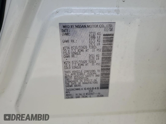 2018 Nissan Pathfinder SV with VIN 5N1DR2MM6JC646848, listed as a Copart auction lot 57461455 with 107,947 mi miles and Salvage title. Bid and sale history available at DreamBid. Image 13.