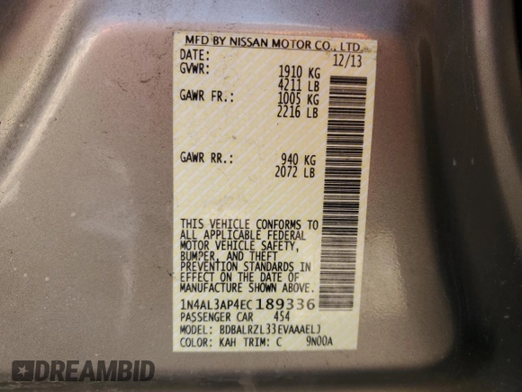 2014 Nissan Altima 2.5 SV with VIN 1N4AL3AP4EC189336, listed as a Copart auction lot 51345555 with 176,797 mi miles and Salvage Title. Bid and sale history available at carsss.com. Image 12.