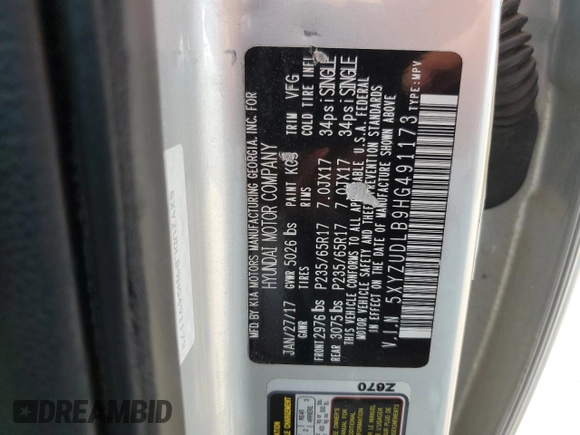 2017 Hyundai Santa Fe 2.4L with VIN 5XYZUDLB9HG491173, listed as a Copart auction lot 61109325 with 104,303 mi miles and Salvage title. Bid and sale history available at DreamBid. Image 13.