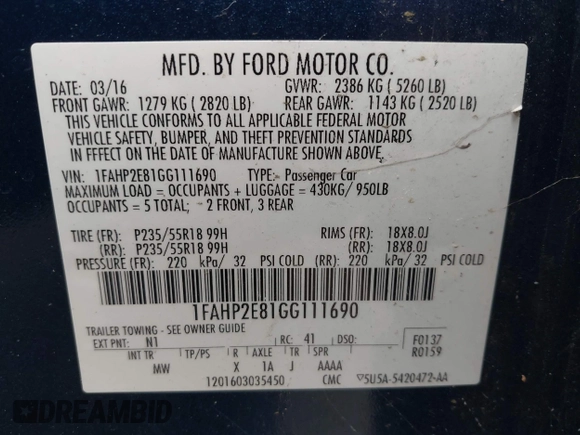 2016 Ford Taurus SEL z VIN 1FAHP2E81GG111690, wystawiony jako IAAI lot #42461206 z przebiegiem 92 424 mil mil oraz . Historia ofert i sprzedaży dostępna na DreamBid. Obrazek 9.