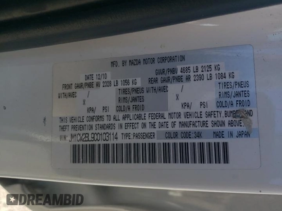 2012 Mazda 5 Sport with VIN JM1CW2BL9C0103114, listed as a Copart auction lot 49910085 with 130,850 mi miles and Salvage Title. Bid and sale history available at DreamBid. Image 12.