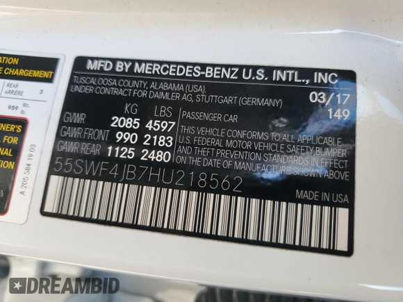 2017 Mercedes-Benz C 300 with VIN 55SWF4JB7HU218562, listed as a Copart auction lot 84449414 with 91,073 mi miles and Salvage title. Bid and sale history available at DreamBid. Image 14.