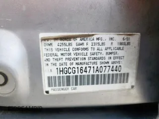 2001 Honda Accord LX z VIN 1HGCG16471A077440, wystawiony jako Copart lot #57621925 z przebiegiem 178 297 mil mil oraz Szkoda całkowita • Salvage title. Historia ofert i sprzedaży dostępna na DreamBid. Obrazek 12.