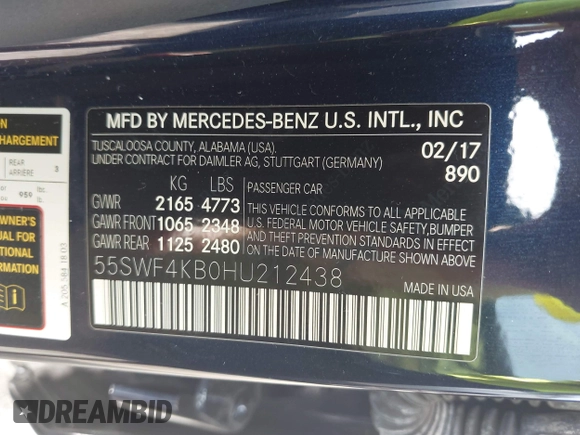 2017 Mercedes-Benz C 300 with VIN 55SWF4KB0HU212438, listed as a IAAI auction lot 42356168 with 59,579 mi miles and . Bid and sale history available at DreamBid. Image 9.