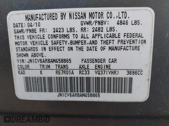 2010 Infiniti G37 x with VIN JN1CV6AR8AM458865, listed as a IAAI auction lot 42124413 with Not Provided miles and . Bid and sale history available at DreamBid. Image 9.