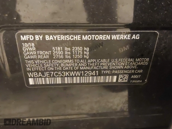 2019 BMW 5 Series 540i xDrive with VIN WBAJE7C53KWW12941, listed as a IAAI auction lot 41016611 with 77,499 mi miles and . Bid and sale history available at DreamBid. Image 9.