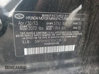 2013 Hyundai Elantra GLS with VIN 5NPDH4AE9DH338730, listed as a Copart auction lot 61090885 with 109,014 mi miles and Salvage title. Bid and sale history available at DreamBid. Image 12.