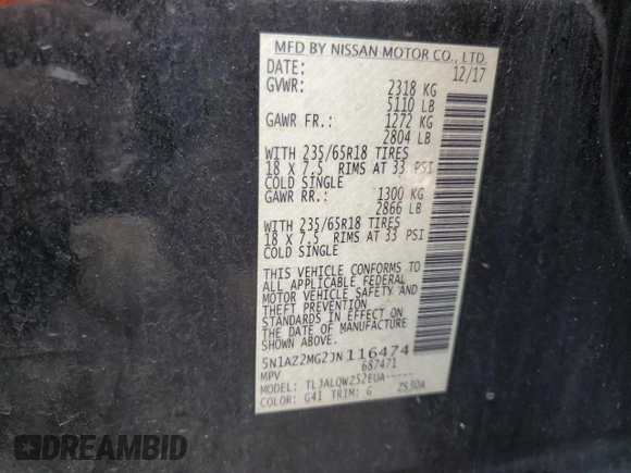 2018 Nissan Murano SV with VIN 5N1AZ2MG2JN116474, listed as a Copart auction lot 54519435 with 70,062 mi miles and Salvage Title. Bid and sale history available at DreamBid. Image 14.