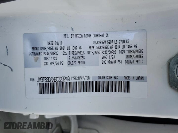 2011 Mazda CX-9 Grand Touring with VIN JM3TB3DAXB0323249, listed as a Copart auction lot 58782775 with 305,794 mi miles and Salvage title. Bid and sale history available at DreamBid. Image 14.