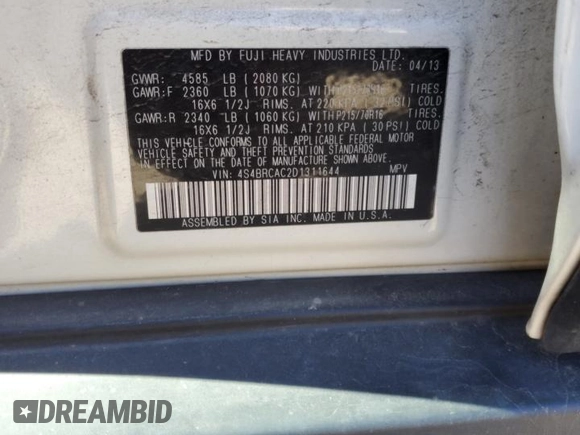 2013 Subaru Outback 2.5i with VIN 4S4BRCAC2D1311644, listed as a Copart auction lot 44921615 with 107,020 mi miles and Salvage title. Bid and sale history available at DreamBid. Image 13.