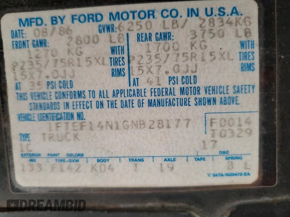 1986 Ford F-150 with VIN 1FTEF14N1GNB28177, listed as a Copart auction lot 86916464 with 53,181 mi miles and Salvage Title. Bid and sale history available at carsss.com. Image 12.