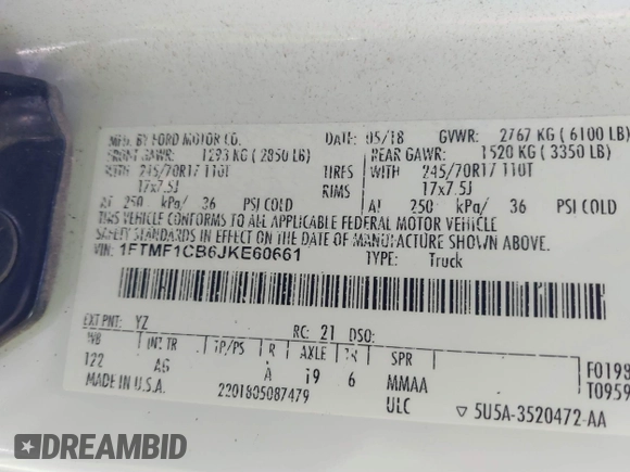 2018 Ford F-150 XL with VIN 1FTMF1CB6JKE60661, listed as a IAAI auction lot 41276885 with 142,090 mi miles. Bid and sale history available at carsss.com. Image 9.