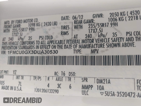 2013 Ford Escape SE с VIN 1FMCU0GX3DUA30530, выставлен на аукционе IAAI как лот 40820332 с пробегом 157 350 миль миль и . История ставок и продаж доступна на DreamBid. Изображение 9.