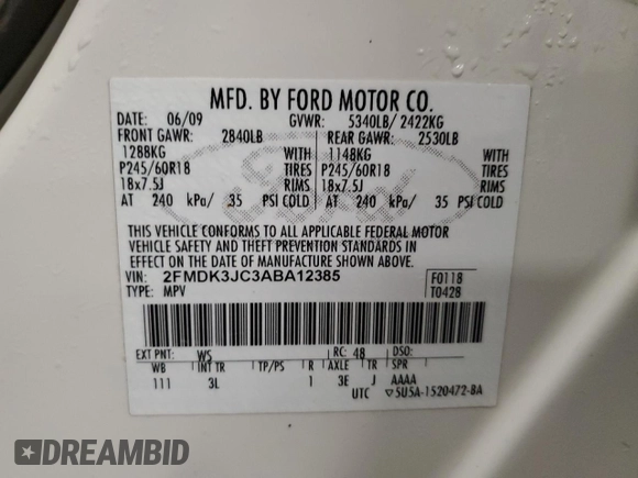2010 Ford Edge SEL with VIN 2FMDK3JC3ABA12385, listed as a Copart auction lot 52628715 with 282,737 mi miles and Clean Title. Bid and sale history available at carsss.com. Image 16.