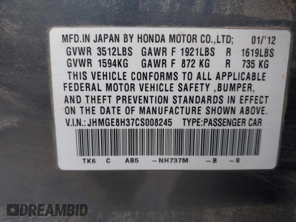 2012 Honda Fit с VIN JHMGE8H37CS008245, выставлен на аукционе IAAI как лот 42452426 с пробегом 282 192 миль миль и . История ставок и продаж доступна на DreamBid. Изображение 9.