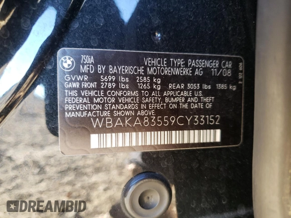 2009 BMW 7 Series 750i with VIN WBAKA83559CY33152, listed as a Copart auction lot 83770114 with 126,610 mi miles and Salvage title. Bid and sale history available at DreamBid. Image 14.
