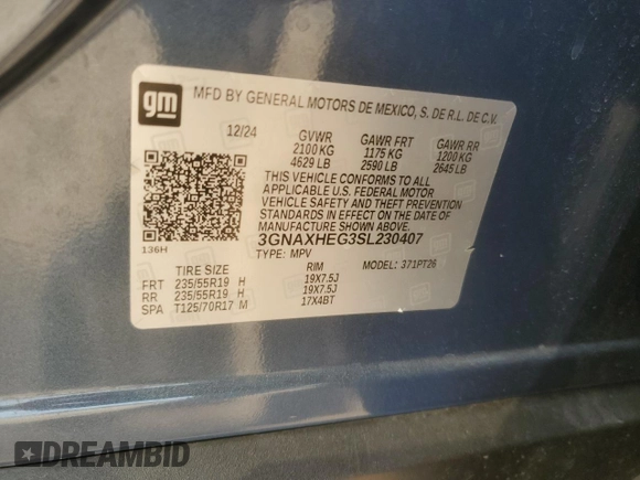 2025 Chevrolet Equinox FWD LT with VIN 3GNAXHEG3SL230407, listed as a Copart auction lot 51582905 with 4,639 mi miles and Salvage Title. Bid and sale history available at DreamBid. Image 14.