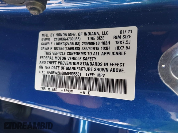 2021 Honda CR-V EX-L with VIN 7FARW2H80ME005531, listed as a IAAI auction lot 42044341 with 14,557 mi miles and . Bid and sale history available at DreamBid. Image 9.