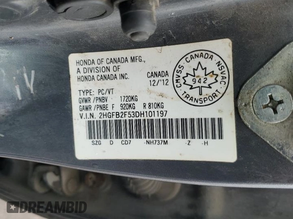 2013 Honda Civic LX z VIN 2HGFB2F53DH101197, wystawiony jako Copart lot #57496665 z przebiegiem 167 450 mil mil oraz Szkoda całkowita • Salvage title. Historia ofert i sprzedaży dostępna na DreamBid. Obrazek 13.
