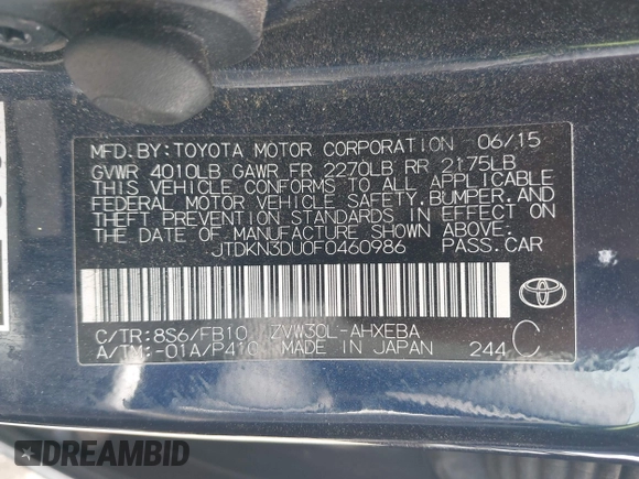 2015 Toyota Prius Four with VIN JTDKN3DU0F0460986, listed as a IAAI auction lot 42153819 with 148,479 mi miles. Bid and sale history available at carsss.com. Image 9.
