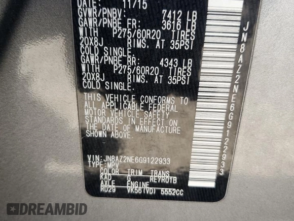 2016 Infiniti QX80 with VIN JN8AZ2NE6G9122933, listed as a Copart auction lot 67000034 with 172,925 mi miles and Salvage Title. Bid and sale history available at carsss.com. Image 13.