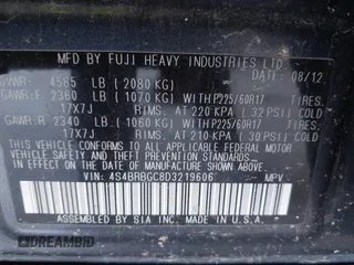 2013 Subaru Outback Premium with VIN 4S4BRBGC8D3219606, listed as a IAAI auction lot 42105566 with 167,472 mi miles and . Bid and sale history available at DreamBid. Image 9.