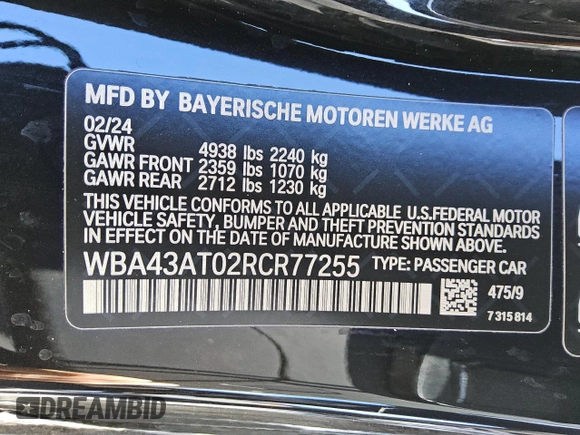2024 BMW 4 Series 430i xDrive with VIN WBA43AT02RCR77255, listed as a Copart auction lot 49742745 with 17,944 mi miles and Clean Title. Bid and sale history available at carsss.com. Image 12.