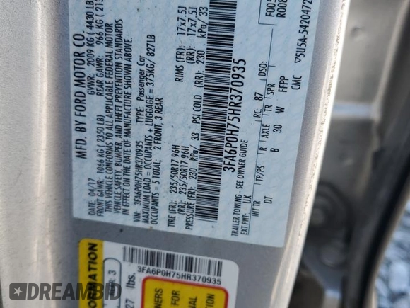 2017 Ford Fusion SE с VIN 3FA6P0H75HR370935, выставлен на аукционе Copart как лот 50082105 с пробегом 209 960 миль миль и Списание • Salvage title. История ставок и продаж доступна на DreamBid. Изображение 14.