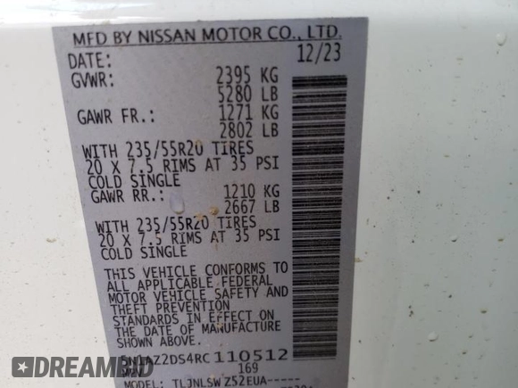 2024 Nissan Murano Platinum z VIN 5N1AZ2DS4RC110512, wystawiony jako Copart lot #53001344 z przebiegiem 515 mil mil oraz Szkoda całkowita • Salvage title. Historia ofert i sprzedaży dostępna na DreamBid. Obrazek 16.