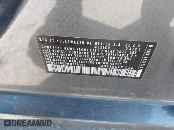2021 Volkswagen Jetta S z VIN 3VWC57BU7MM050305, wystawiony jako IAAI lot #41937263 z przebiegiem 41 241 mil mil oraz . Historia ofert i sprzedaży dostępna na DreamBid. Obrazek 9.