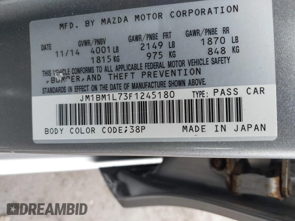 2015 Mazda 3 i Touring with VIN JM1BM1L73F1245180, listed as a IAAI auction lot 41723726 with 139,321 mi miles and . Bid and sale history available at carsss.com. Image 9.