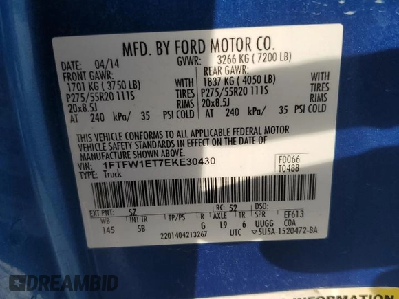 2014 Ford F-150 XL with VIN 1FTFW1ET7EKE30430, listed as a Copart auction lot 49553365 with 106,292 mi miles and Salvage Title. Bid and sale history available at carsss.com. Image 14.