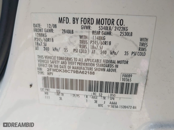2009 Ford Edge SEL with VIN 2FMDK38C79BA62188, listed as a IAAI auction lot 41605010 with 180,555 mi miles. Bid and sale history available at carsss.com. Image 9.