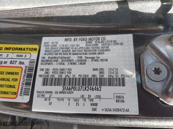 2020 Ford Fusion Hybrid SE with VIN 3FA6P0LU7LR246462, listed as a IAAI auction lot 41766758 with 40,817 mi miles. Bid and sale history available at carsss.com. Image 9.