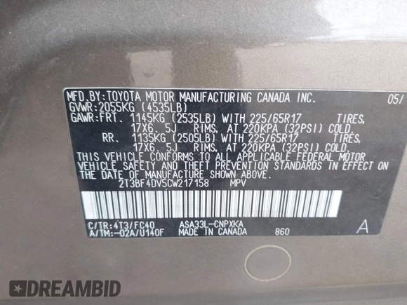 2012 Toyota RAV4 with VIN 2T3BF4DV5CW217158, listed as a IAAI auction lot 42383390 with 199,443 mi miles and . Bid and sale history available at DreamBid. Image 9.