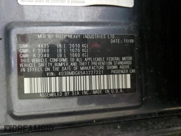 2010 Subaru Legacy Premium All-Weather Anniversary with VIN 4S3BMBG65A3227221, listed as a Copart auction lot 56531115 with 160,486 mi miles and Salvage title. Bid and sale history available at DreamBid. Image 12.