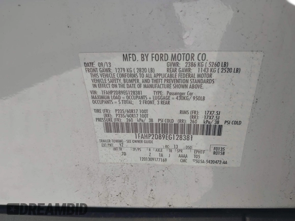 2014 Ford Taurus SE с VIN 1FAHP2D89EG128381, выставлен на аукционе IAAI как лот 42379885 с пробегом 34 937 миль миль и . История ставок и продаж доступна на DreamBid. Изображение 9.