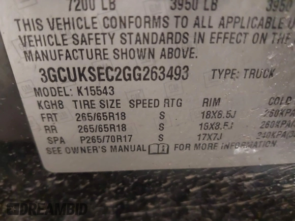 2016 Chevrolet Silverado 1500 LTZ with VIN 3GCUKSEC2GG263493, listed as a IAAI auction lot 41199166 with 143,543 mi miles. Bid and sale history available at carsss.com. Image 9.
