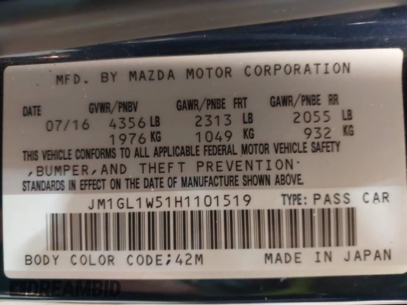 2017 Mazda 6 Grand Touring with VIN JM1GL1W51H1101519, listed as a IAAI auction lot 42132215 with 145,796 mi miles. Bid and sale history available at carsss.com. Image 9.