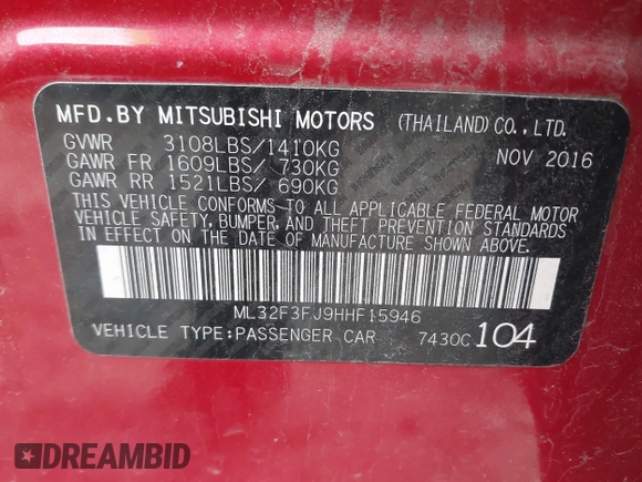 2017 Mitsubishi Mirage ES z VIN ML32F3FJ9HHF15946, wystawiony jako IAAI lot #41975322 z przebiegiem 90 759 mil mil oraz . Historia ofert i sprzedaży dostępna na DreamBid. Obrazek 9.