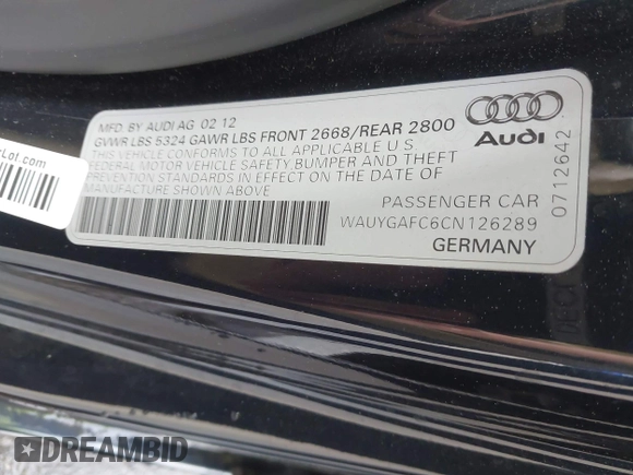 2012 Audi A7 Premium Plus with VIN WAUYGAFC6CN126289, listed as a IAAI auction lot 41945024 with 126,465 mi miles and . Bid and sale history available at DreamBid. Image 9.