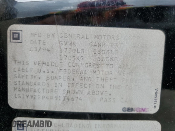 1994 Chevrolet Corvette z VIN 1G1YY22P4R5114674, wystawiony jako Copart lot #55403525 z przebiegiem Nie podano mil oraz Czysty tytuł • Clean title. Historia ofert i sprzedaży dostępna na DreamBid. Obrazek 12.