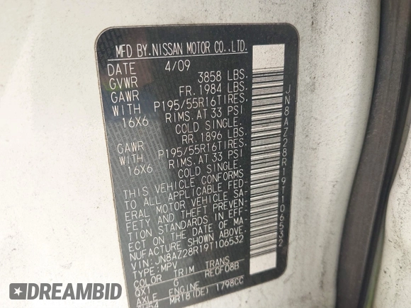 2009 Nissan Cube SL z VIN JN8AZ28R19T106532, wystawiony jako IAAI lot #40675288 z przebiegiem Nie podano mil oraz . Historia ofert i sprzedaży dostępna na DreamBid. Obrazek 9.