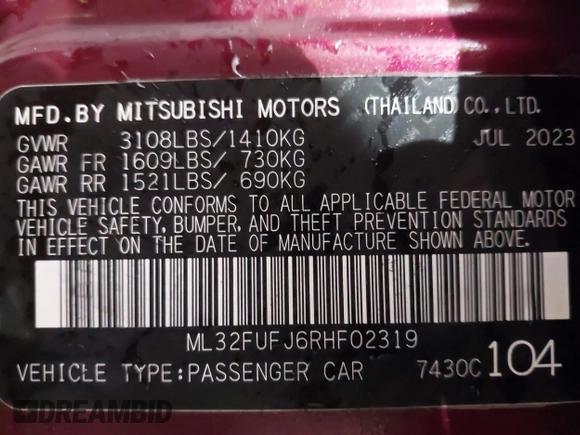 2024 Mitsubishi Mirage ES z VIN ML32FUFJ6RHF02319, wystawiony jako IAAI lot #41543155 z przebiegiem 31 461 mil mil oraz . Historia ofert i sprzedaży dostępna na DreamBid. Obrazek 9.