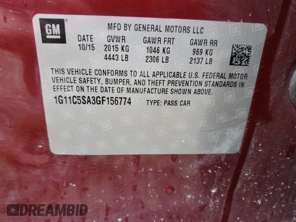 2016 Chevrolet Malibu LT with VIN 1G11C5SA3GF156774, listed as a Copart auction lot 79188024 with 138,071 mi miles and Non Repairable. Bid and sale history available at DreamBid. Image 12.