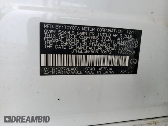 2012 Lexus LS 460 with VIN JTHBL5EF5C5110672, listed as a Copart auction lot 58844805 with 139,485 mi miles and Salvage title. Bid and sale history available at DreamBid. Image 12.