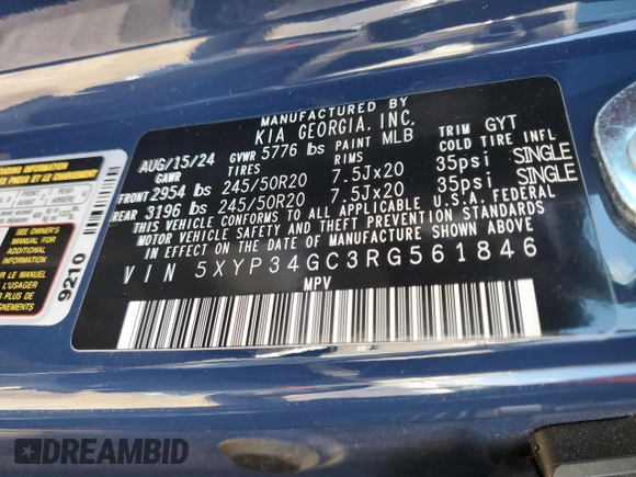 2024 Kia Telluride EX with VIN 5XYP34GC3RG561846, listed as a Copart auction lot 42808235 with 1,334 mi miles and Salvage Title. Bid and sale history available at DreamBid. Image 16.