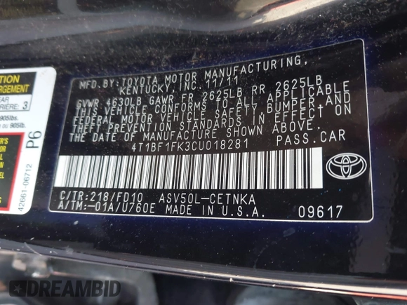 2012 Toyota Camry L z VIN 4T1BF1FK3CU018281, wystawiony jako IAAI lot #42028728 z przebiegiem 149 016 mil mil oraz . Historia ofert i sprzedaży dostępna na DreamBid. Obrazek 9.