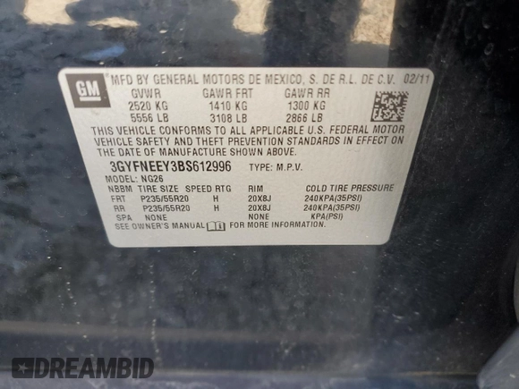2011 Cadillac SRX Performance Collection with VIN 3GYFNEEY3BS612996, listed as a Copart auction lot 50811755 with 128,350 mi miles and Salvage Title. Bid and sale history available at carsss.com. Image 13.